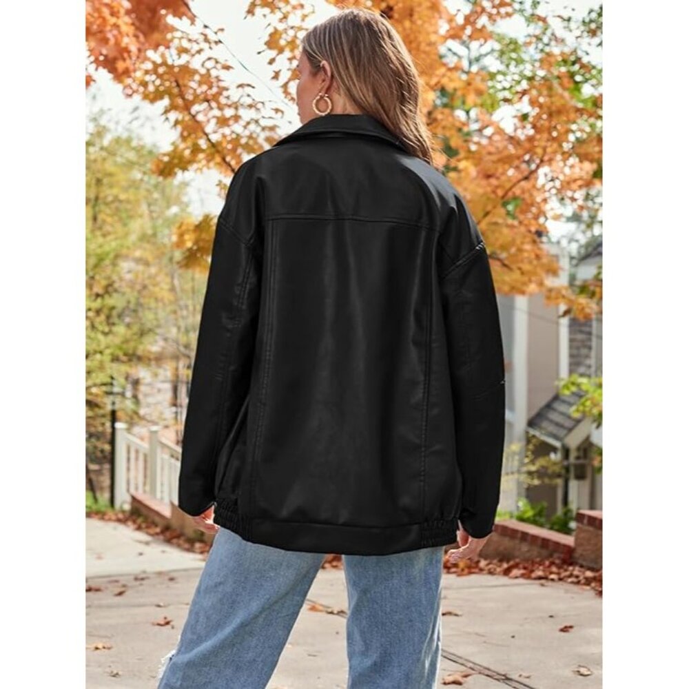 AUTOMET Womens Oversized Leather Jackets Faux Suede Motorcycle Coats, New - Picture 2 of 13